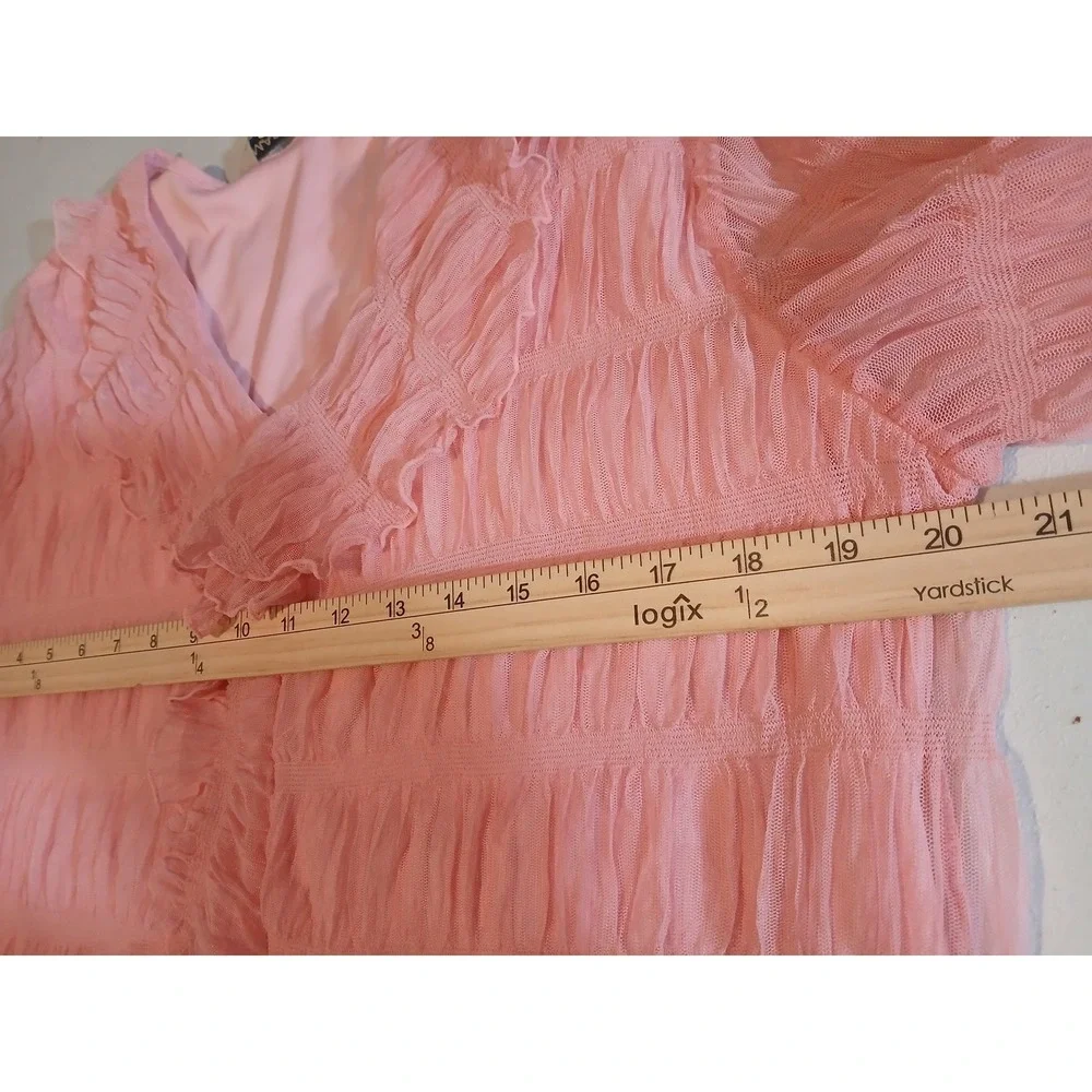 Massini Pink Ruffled V-Neck Blouse Mesh Pleated Top Large Fairy Feminine Stretch - Picture 7 of 9